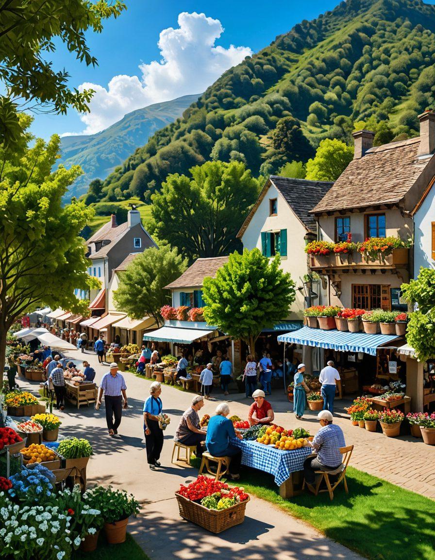 A serene landscape showcasing a charming local community nestled between rolling hills, with smiling residents engaging in joyful activities like picnicking and gardening. Incorporate colorful flowers, lush greenery, and a clear blue sky to enhance the feeling of contentment. Capture a small market scene bustling with friendly interactions among neighbors, highlighting a strong sense of community and happiness. vibrant colors. super-realistic. peaceful atmosphere.