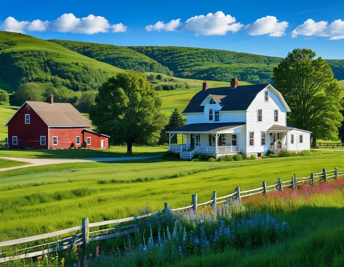 A picturesque rural landscape showcasing Becker County's charm, featuring rolling green hills, a quaint farmhouse with a welcoming porch, and bright wildflowers in the foreground. Capture the essence of community with smiling locals chatting, nearby friendly livestock, and a clear blue sky. Emphasize warmth and tranquility in the scene. super-realistic. vibrant colors.