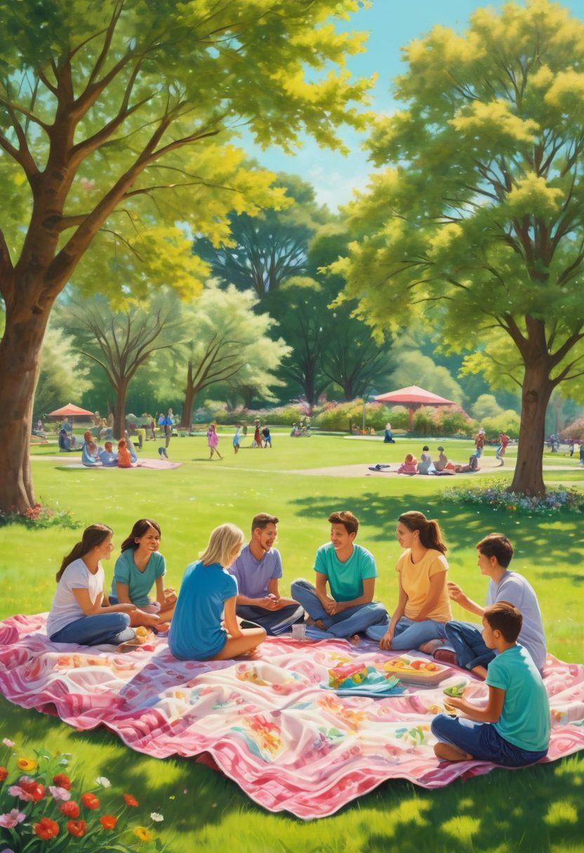A vibrant scene depicting a diverse group of people enjoying a sunny day in a park, with families and friends engaging in various activities like picnicking, playing frisbee, and volunteering. The background showcases colorful trees and blooming flowers, symbolizing community and joy. Include a warm, inviting atmosphere with laughter and smiles all around. pastel colors. super-realistic.